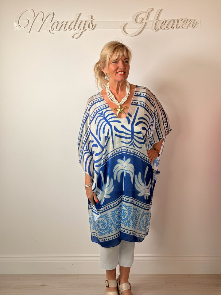 Silk-Blend Tropical Print Kaftan | Royal Blue