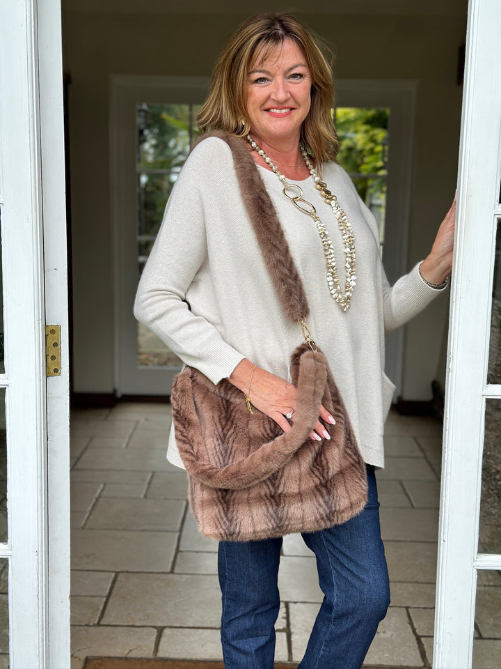 Faux Fur Shoulder Bag - Malissa J | Light Brown Feather Stripe