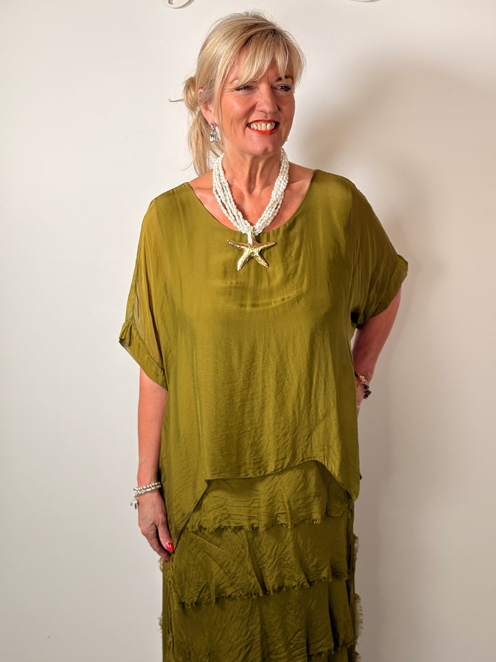 Silk Tiered Ruffle Dress | Olive