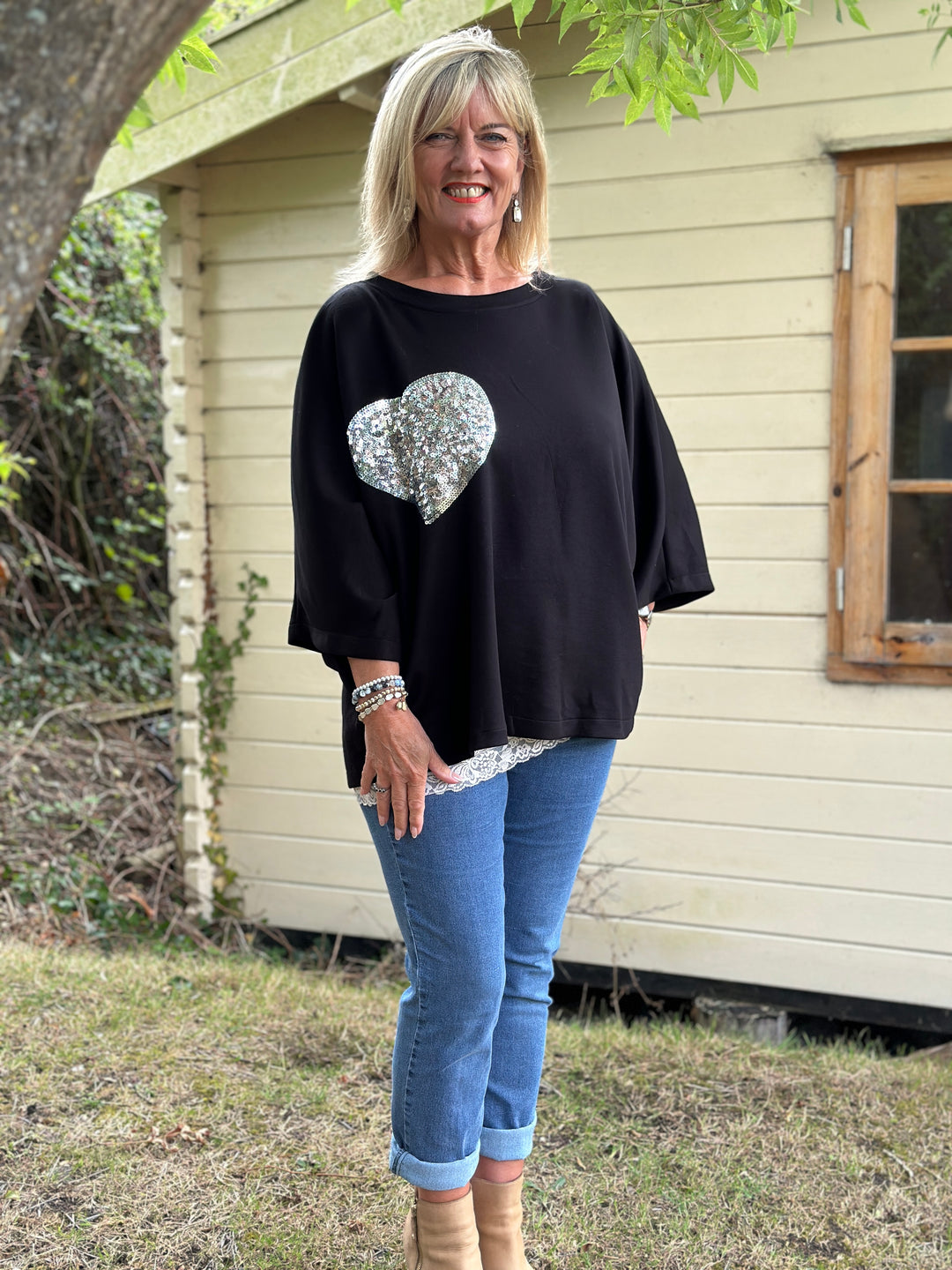 Batwing Sequin Heart Jumper | Black