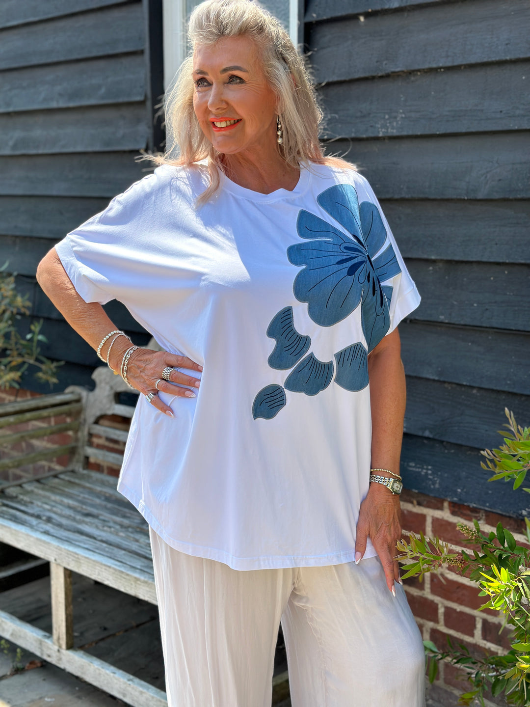 Denim Floral Appliqué Tee | White