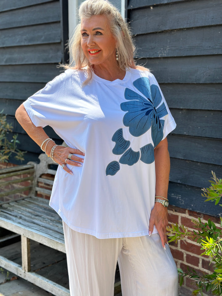 Denim Floral Appliqué Tee | White