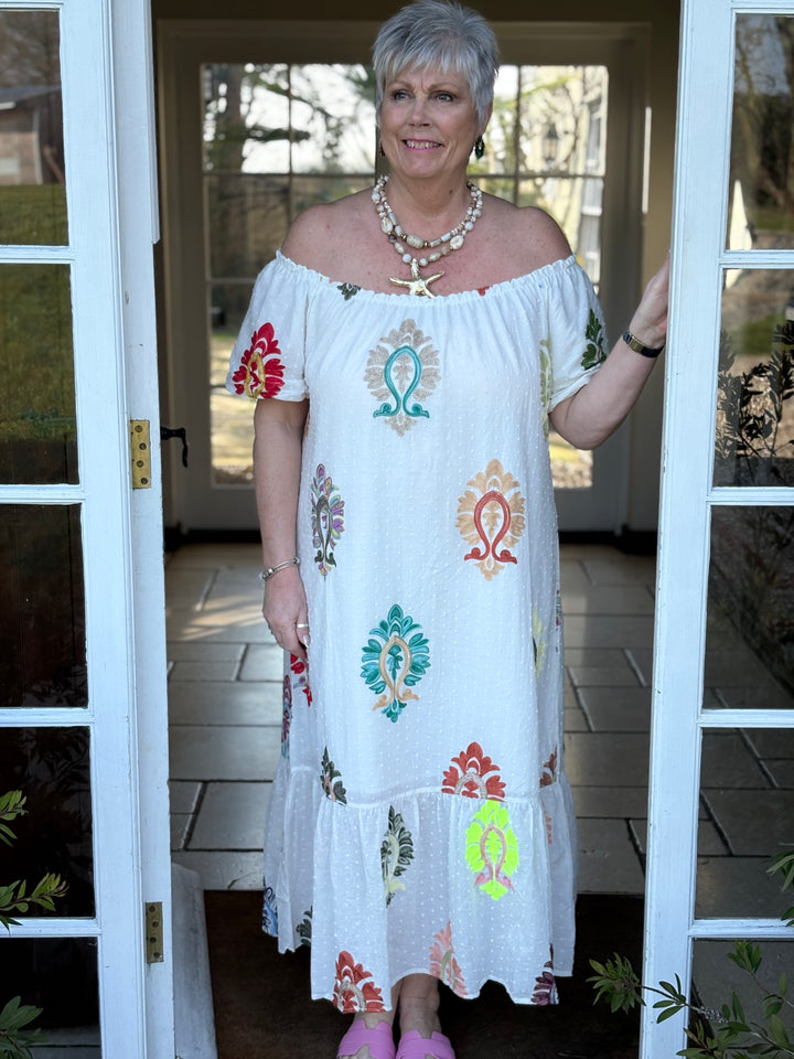 Embroidered Bardot Dress - Malissa J | White