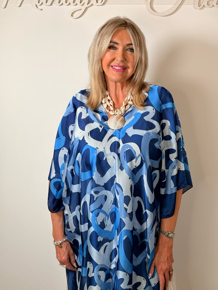 Silk-Blend Love Heart Print Kaftan | Royal Blue