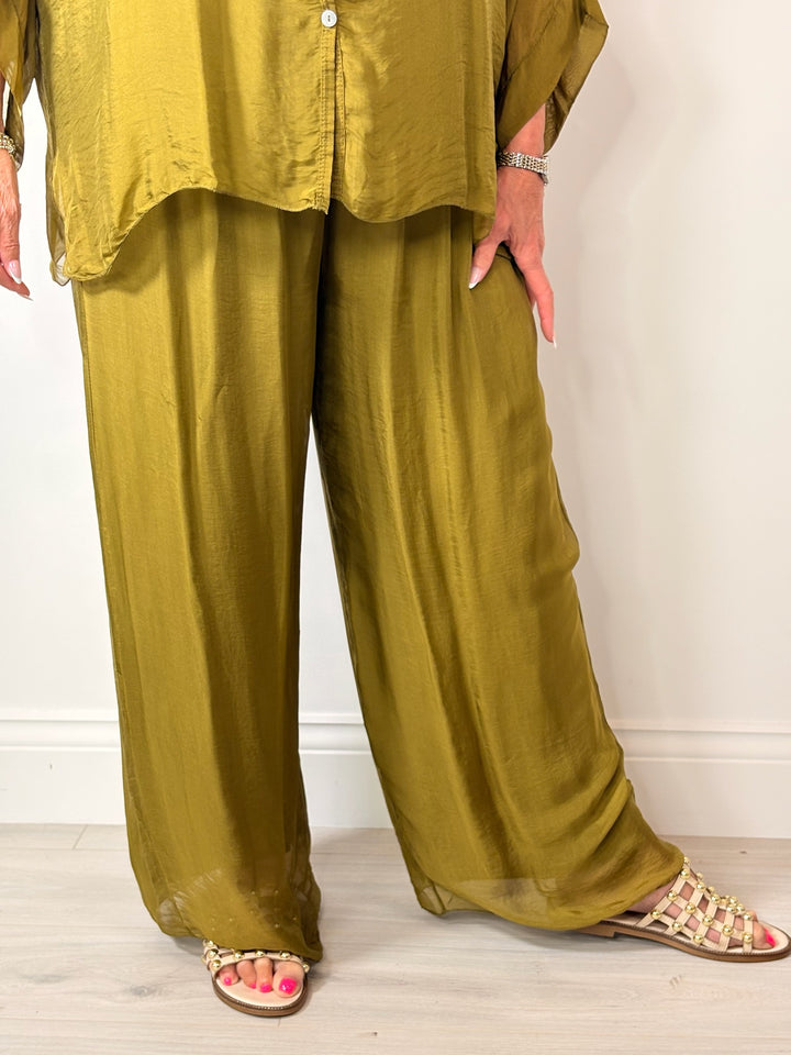 Silk Floaty Trousers | Olive