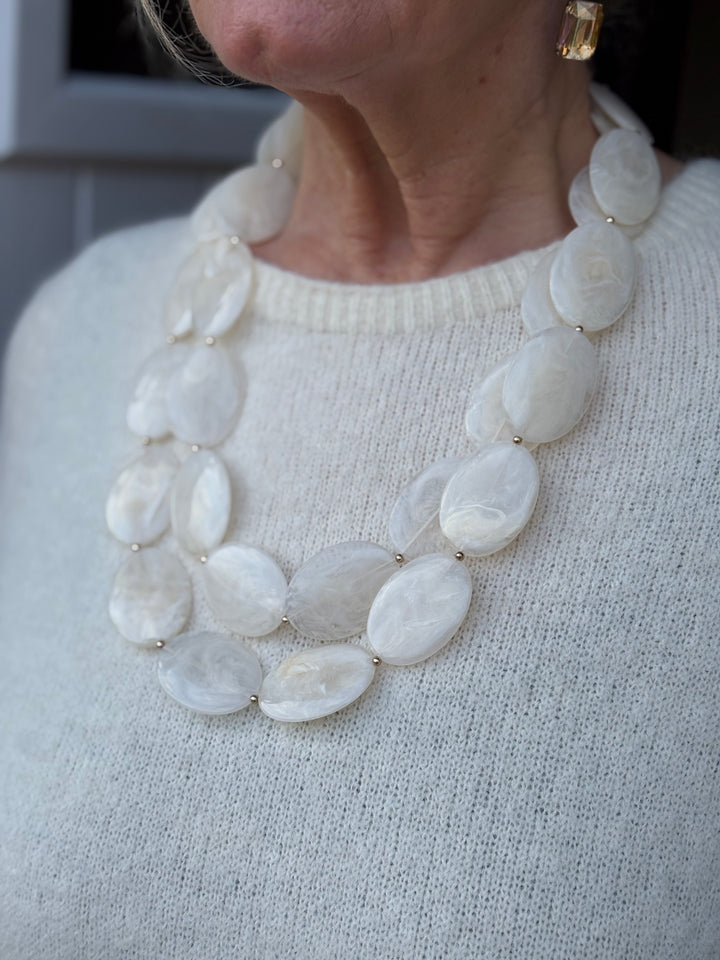 Multi Oval Bead Long Necklace | Cream & Gold