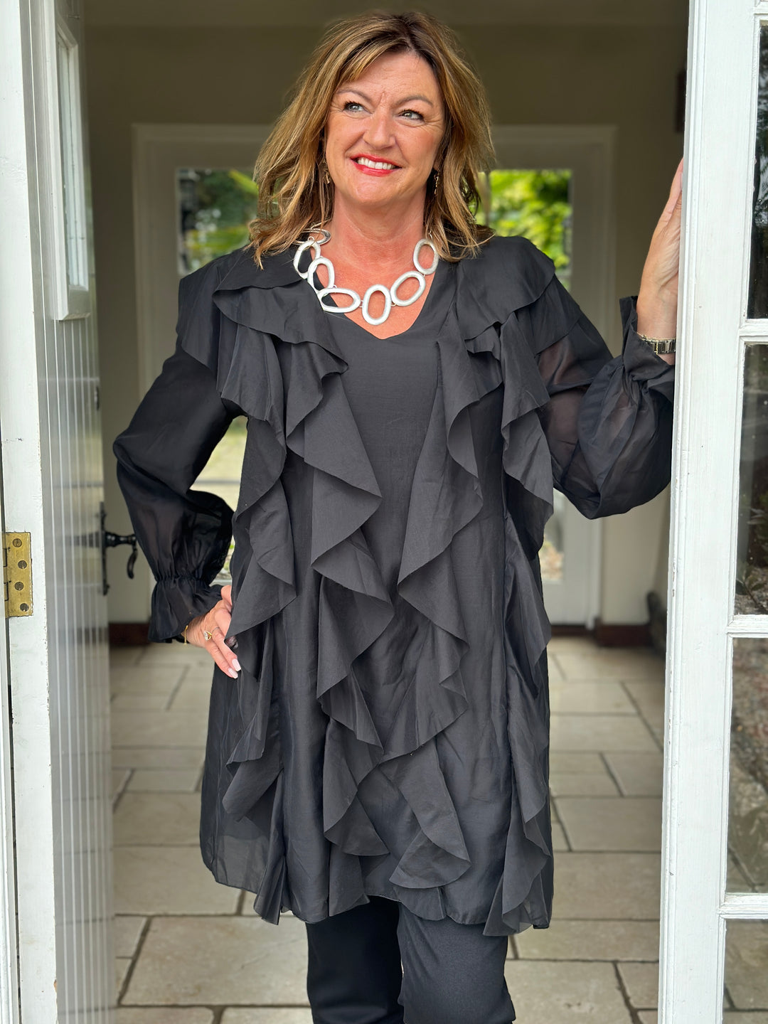 Ruffle Detail Sheer Tunic Blouse | Black