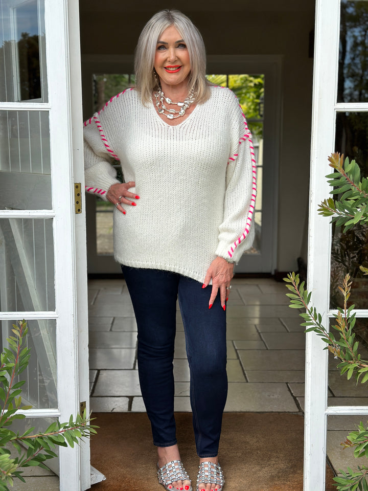 Contrast Stitch V-Neck Jumper  | Neon Pink