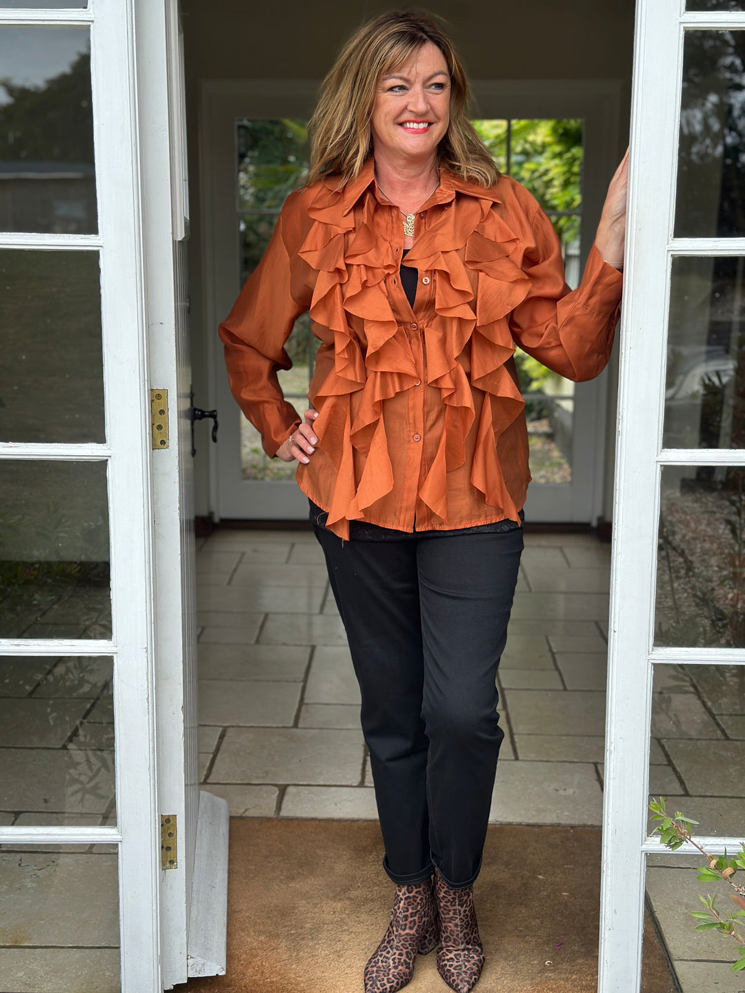 Ruffle Detail Sheer Button Blouse | Copper