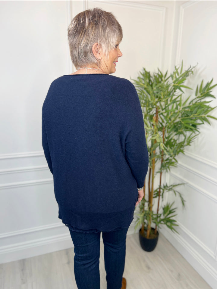 Cuffed Split Hem Batwing Jumper | Navy