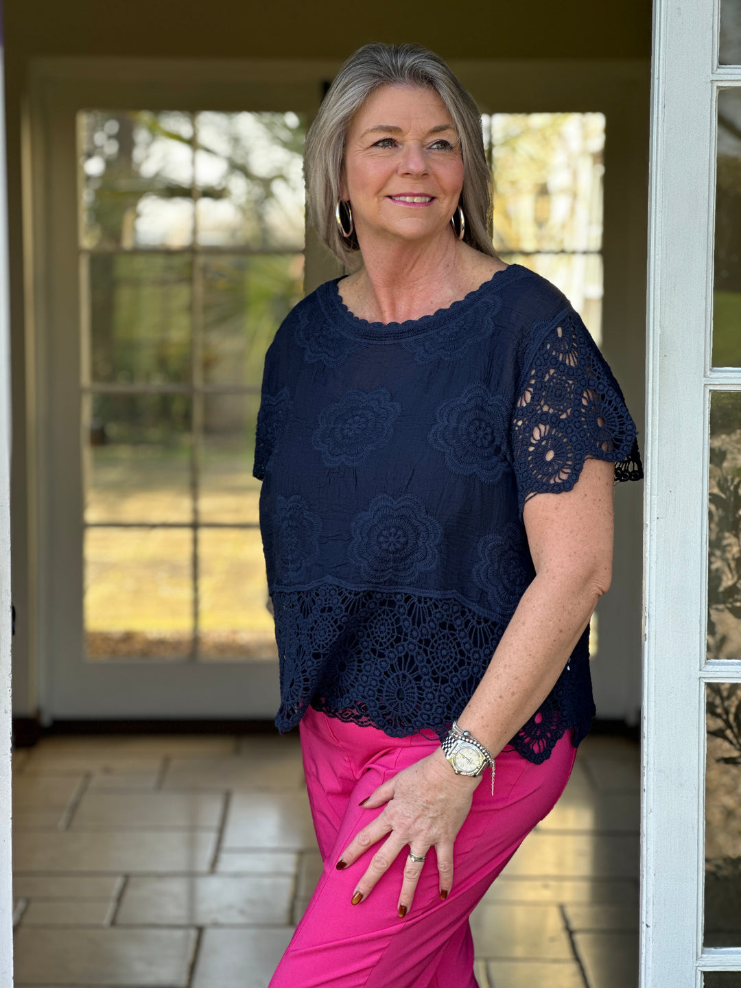 Crochet Floral Top | Navy