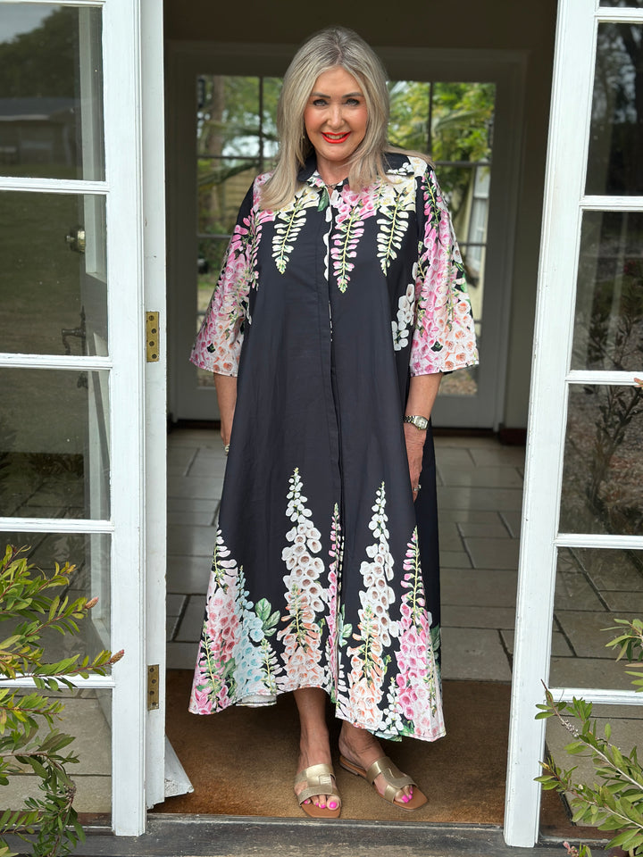 Foxglove Blossom Long Shirt Dress | Black