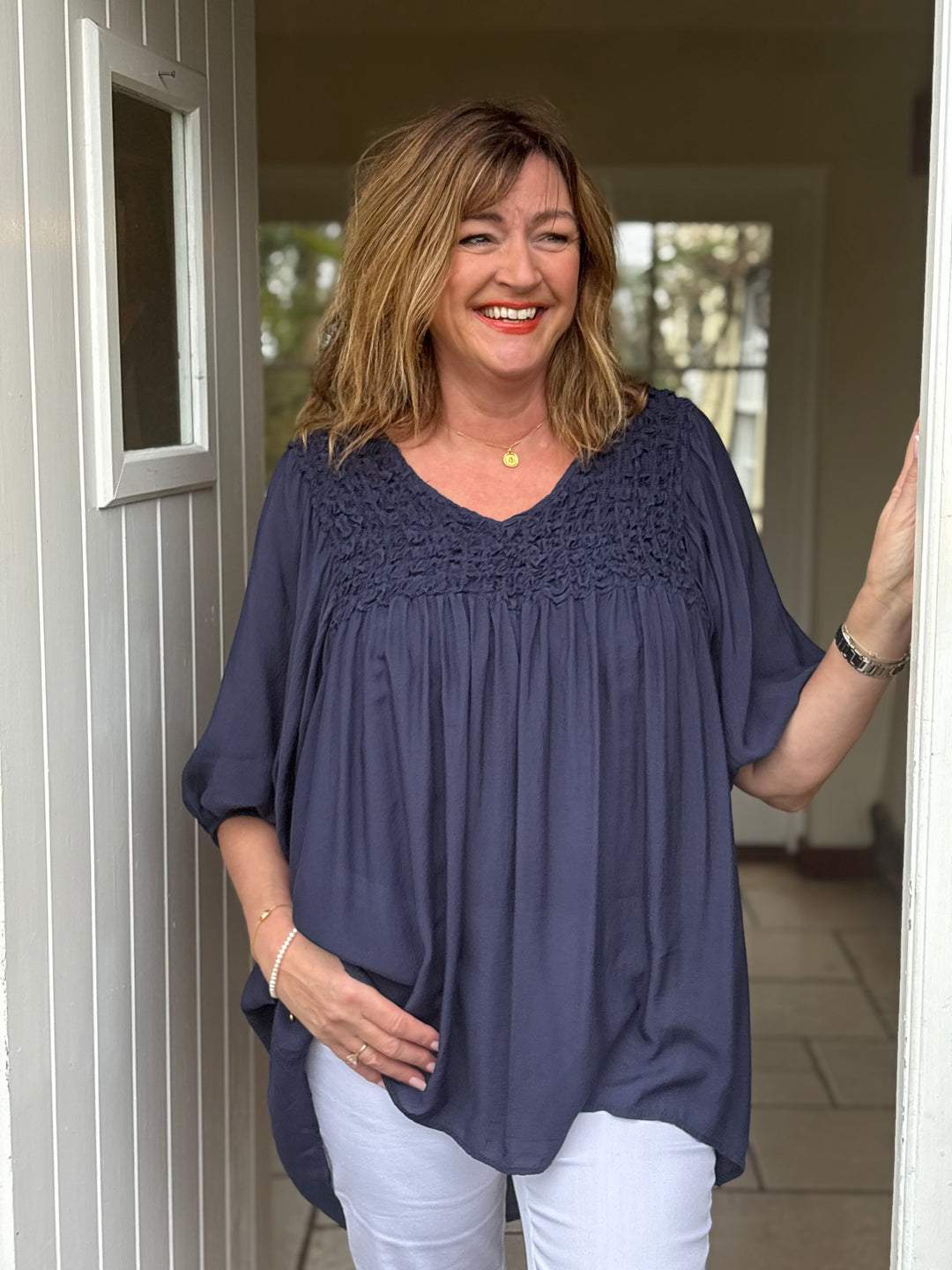 Ruffle Detail V-Neck Blouse | Navy