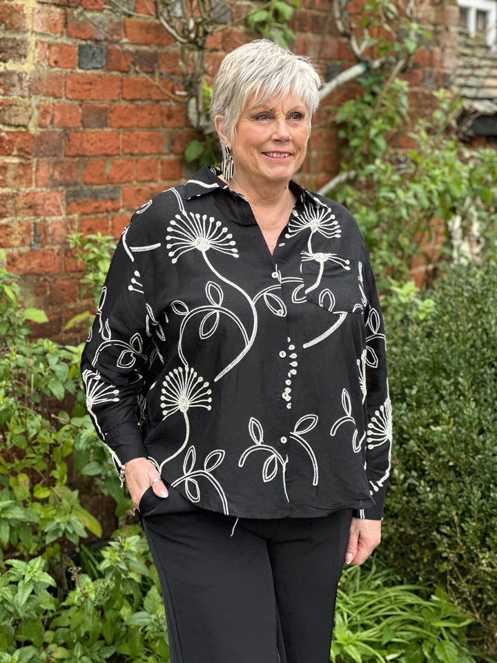 Linen Garden Design Shirt | Black - Mandy's Heaven 