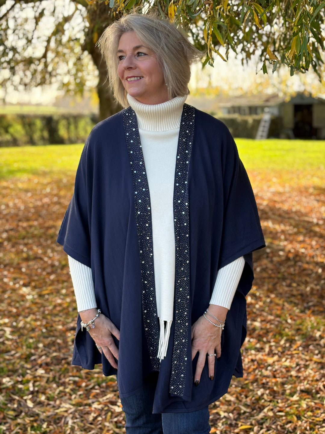 Embellished Kimono Style Cardigan | Navy