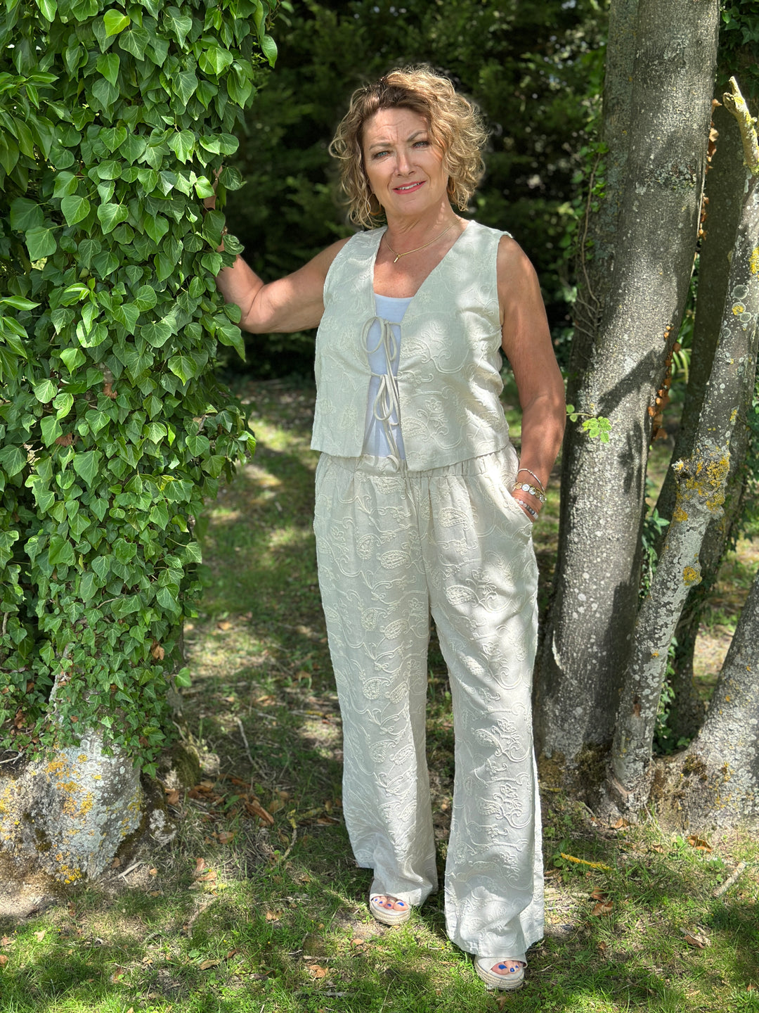 Petite Paisley Print Linen Two Piece | Cream