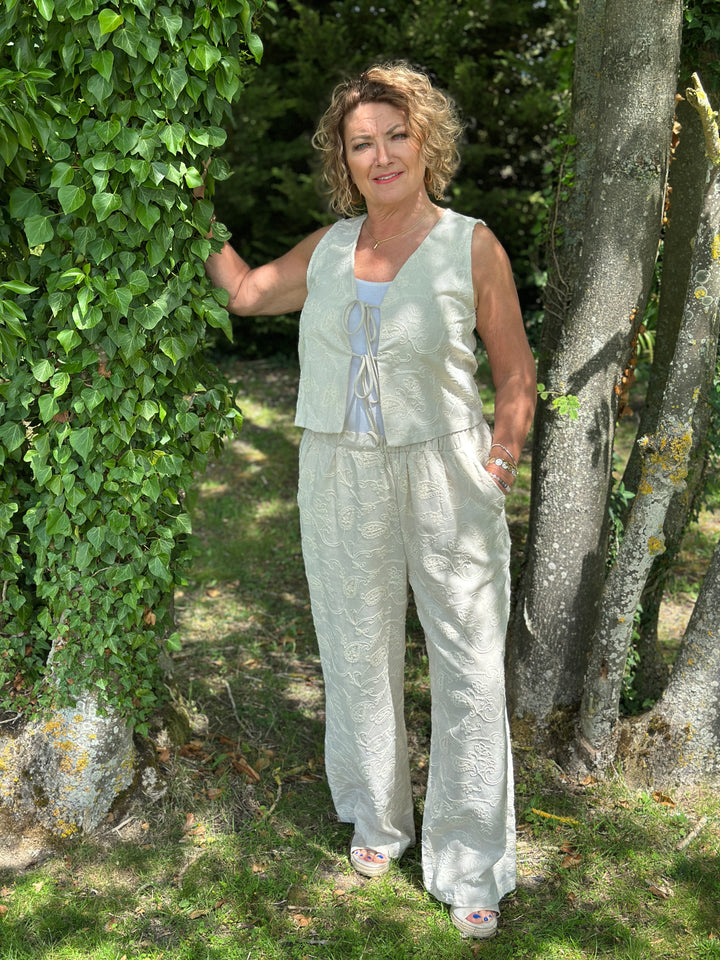Petite Paisley Print Linen Two Piece | Cream