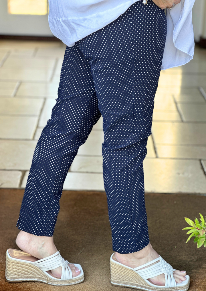 Pull Up Ankle Grazer Trouser - PINNS - 302CT | Navy Polka Dot