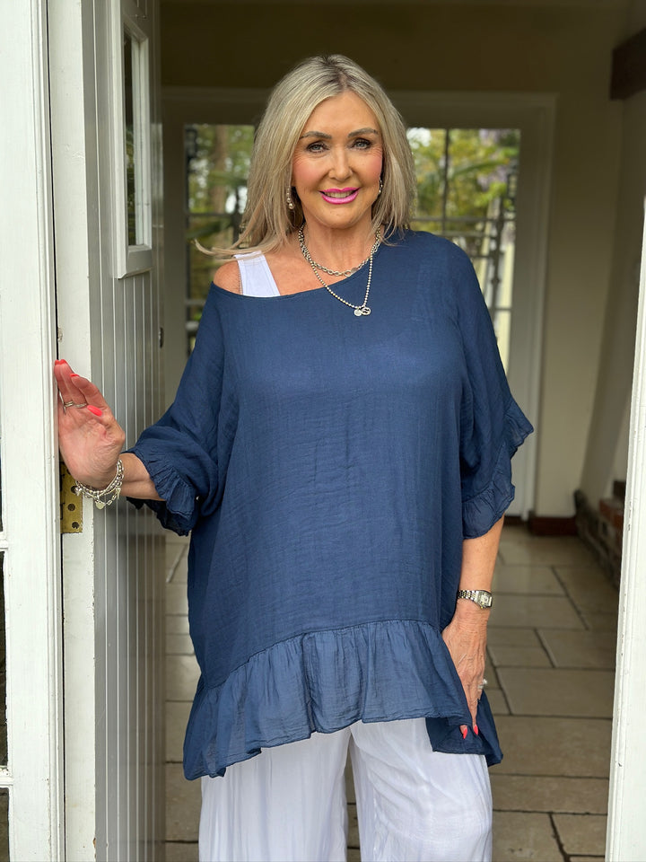 Cotton Ruffle Hem Top | Navy