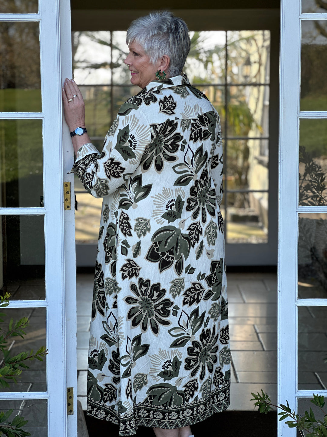 Botanical Print Longline Shirt Dress - Malissa J | Khaki