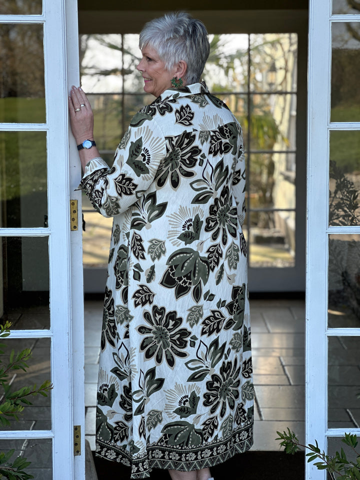 Botanical Print Longline Shirt Dress - Malissa J | Khaki