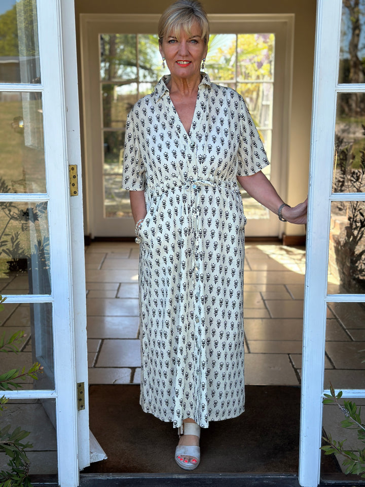 Drawstring Button Down Linen Dress DREAMS | Ivory