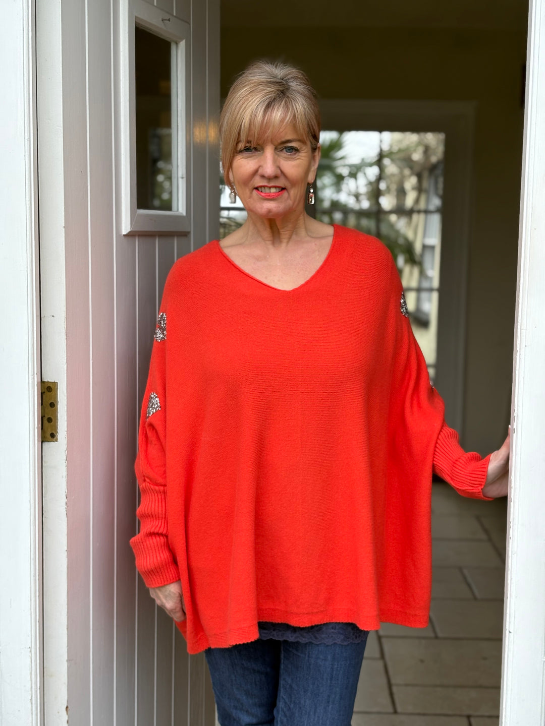 Embellished Heart Sleeve Soft Knit Top | Coral