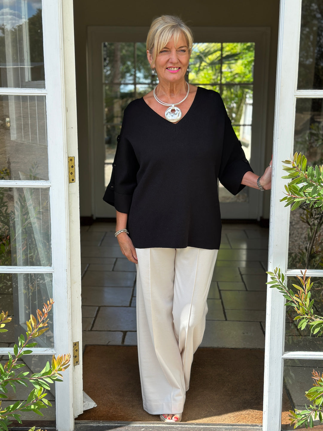 Elbow Length Button Detail V Neck Jumper - Malissa J | Black