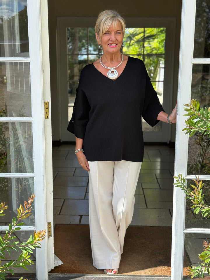 Elbow Length Button Detail V Neck Jumper - Malissa J | Black