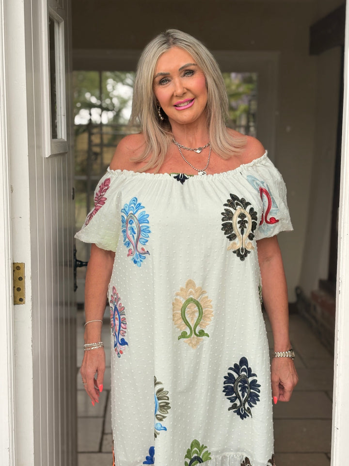 Embroidered Bardot Dress - Malissa J | White