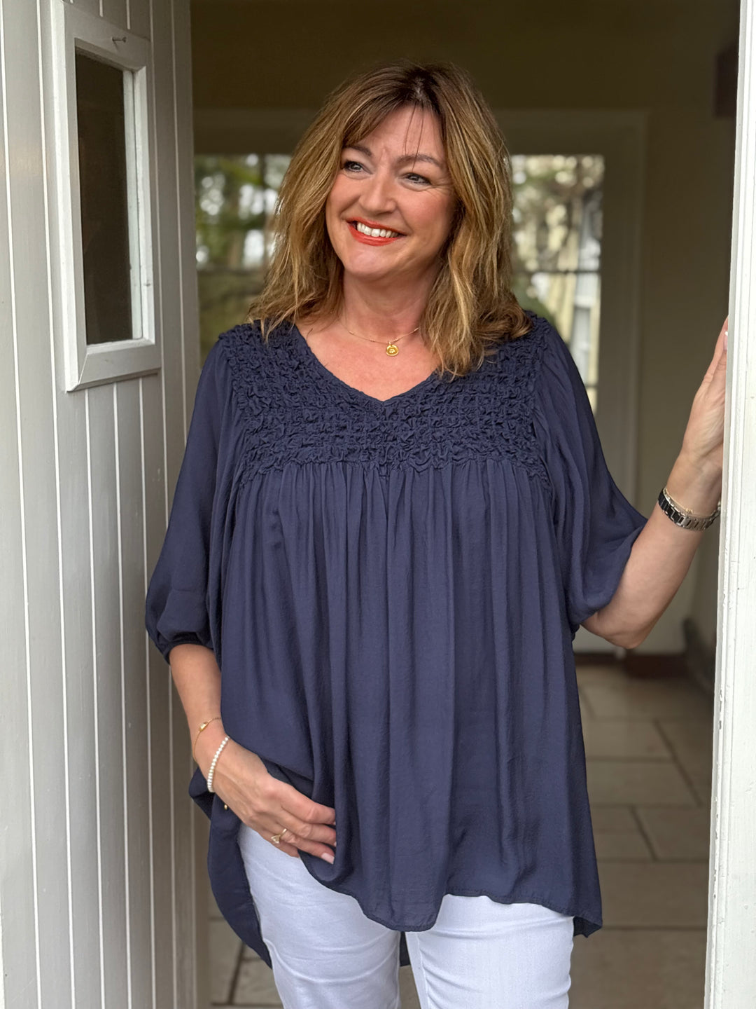 Ruffle Detail V-Neck Blouse | Navy