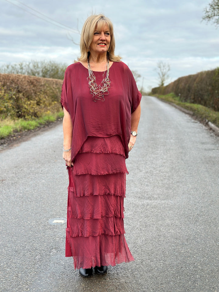 Silk Tiered Ruffle Dress | Burgundy