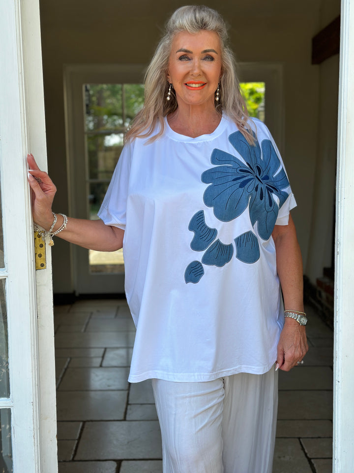 Denim Floral Appliqué Tee | White