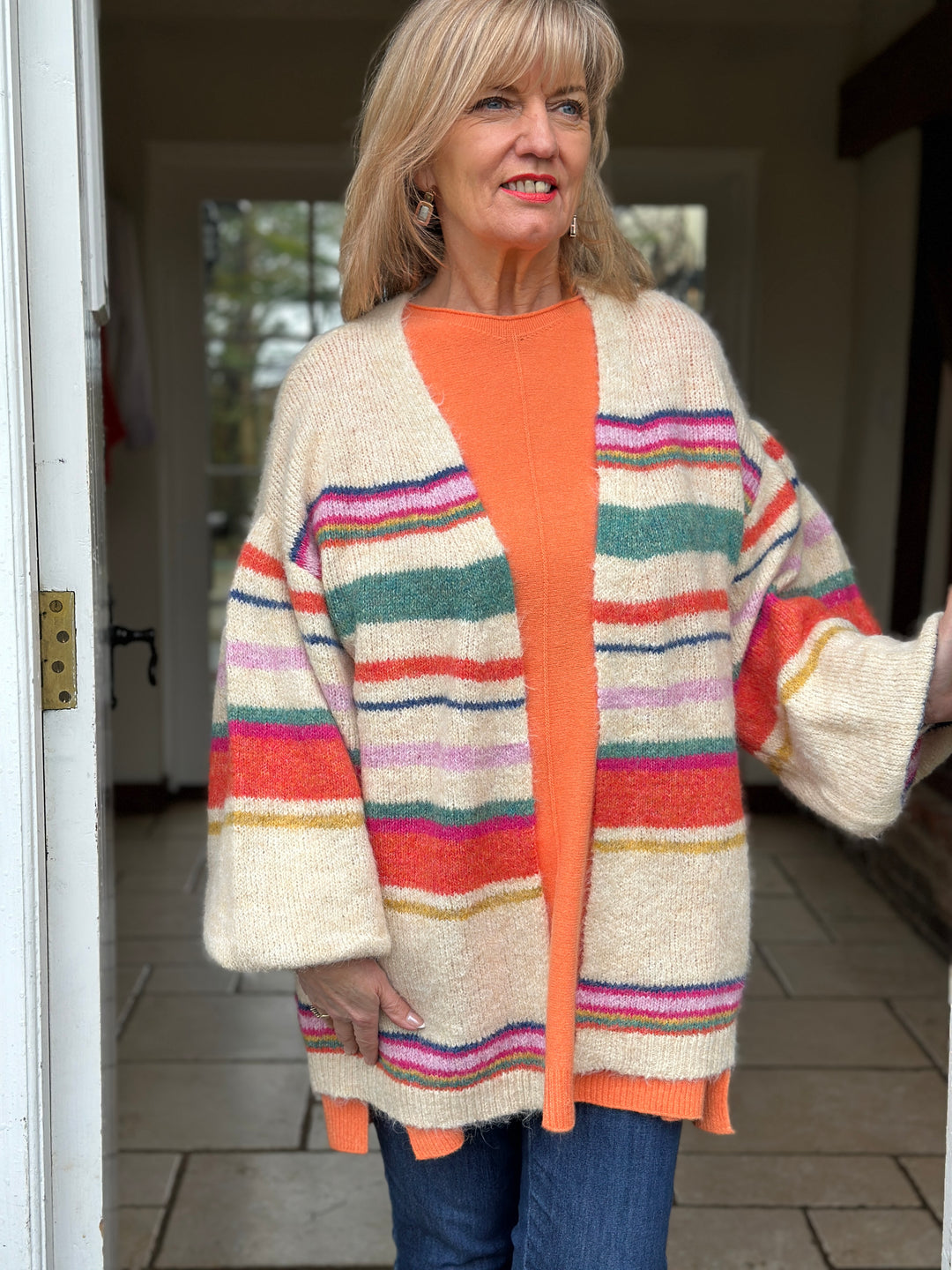 Striped Balloon Sleeve Cardigan | Multi