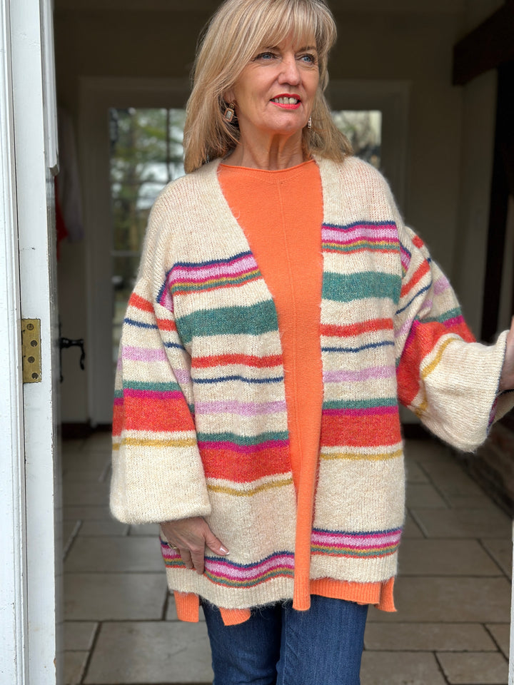 Striped Balloon Sleeve Cardigan | Multi