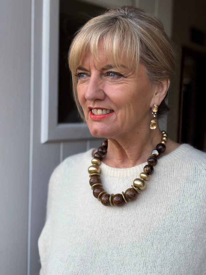 Chunky Marble Bead Necklace | Brown & Gold
