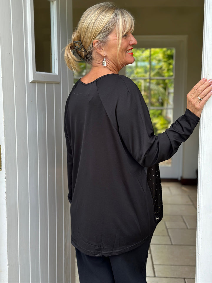 Studded Satin-Feel Front Top - Malissa J | Black