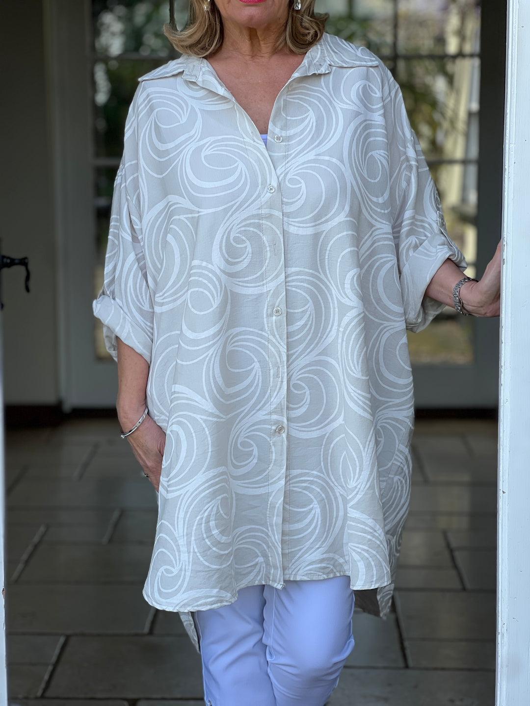 Button Through Longline Swirl Shirt  | Stone