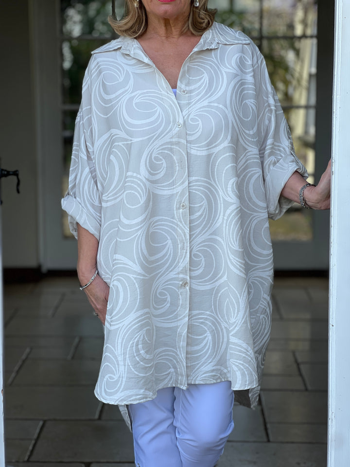 Button Through Longline Swirl Shirt  | Stone