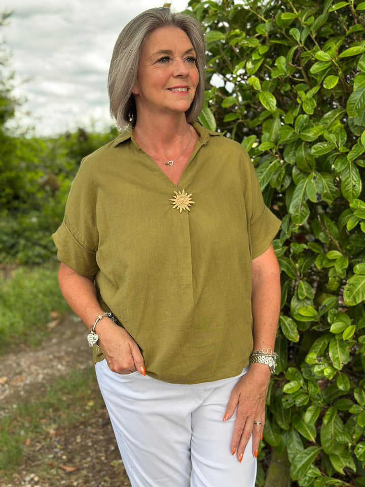 Isla Linen Blend Top | Olive