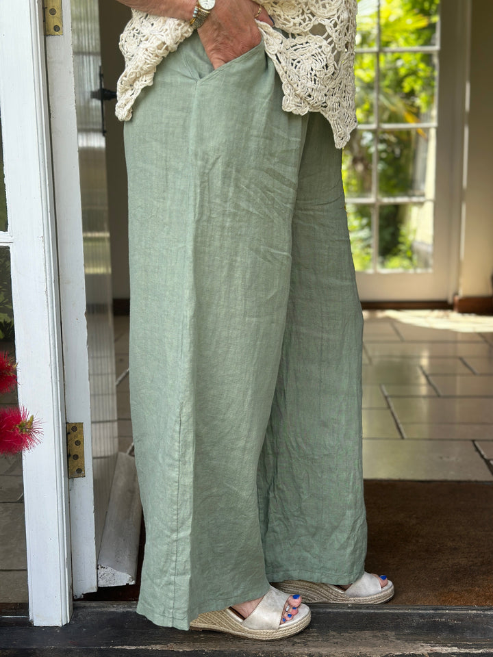 Wide Leg Linen Trouser | Khaki