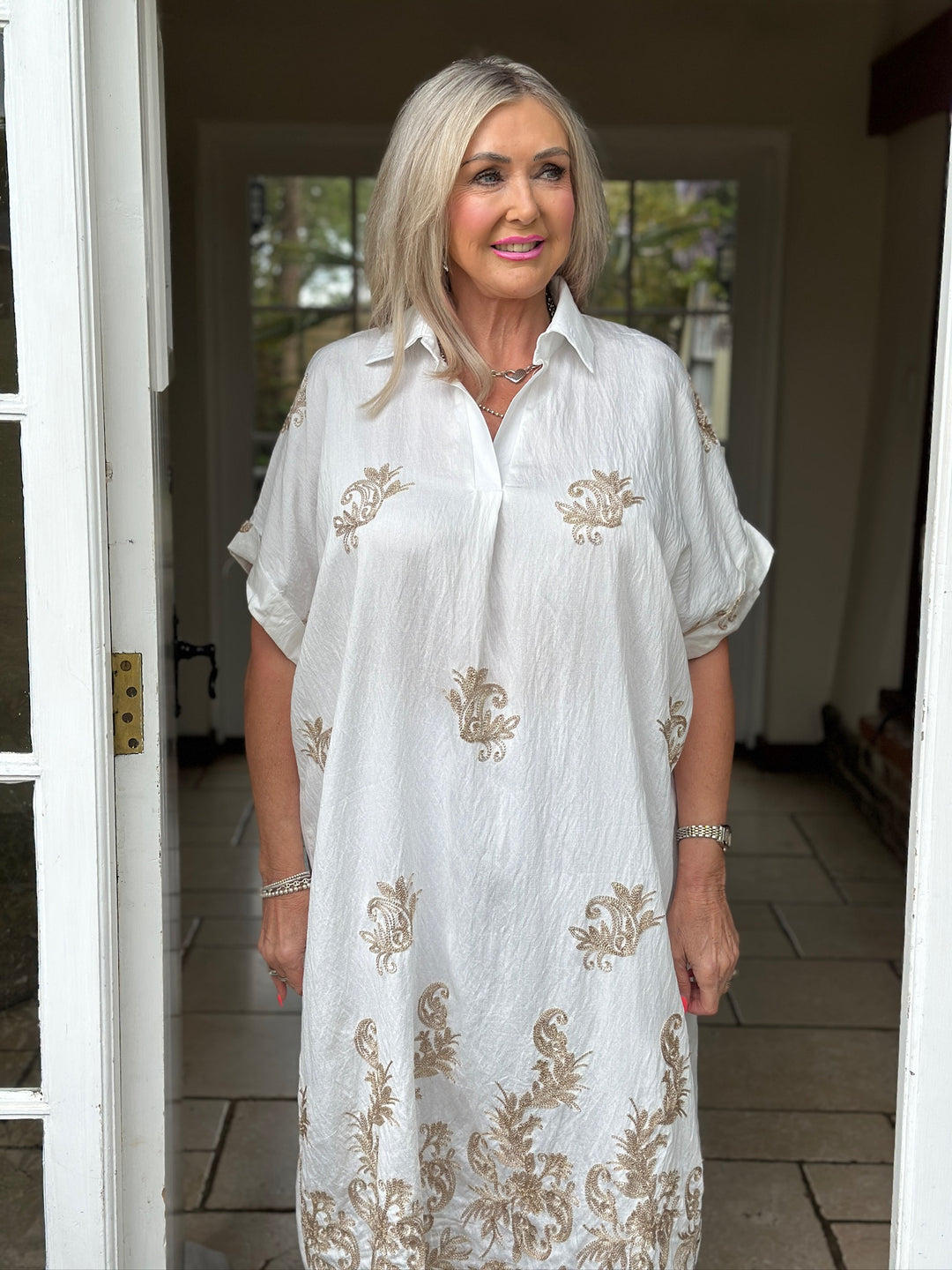 Swirl Glitz Leaf Embroidered Tunic Dress | White