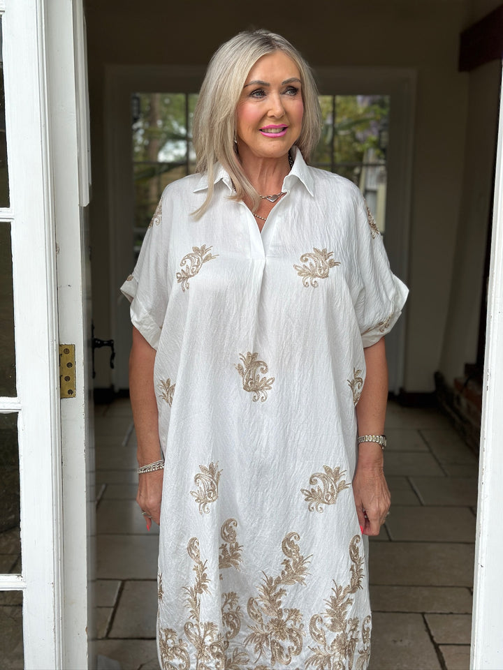 Swirl Glitz Leaf Embroidered Tunic Dress | White