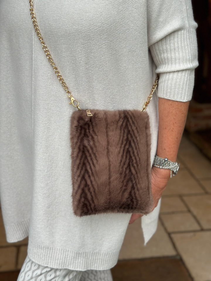 Faux Fur Crossbody Bag - Malissa J | Light Brown Feather Stripe