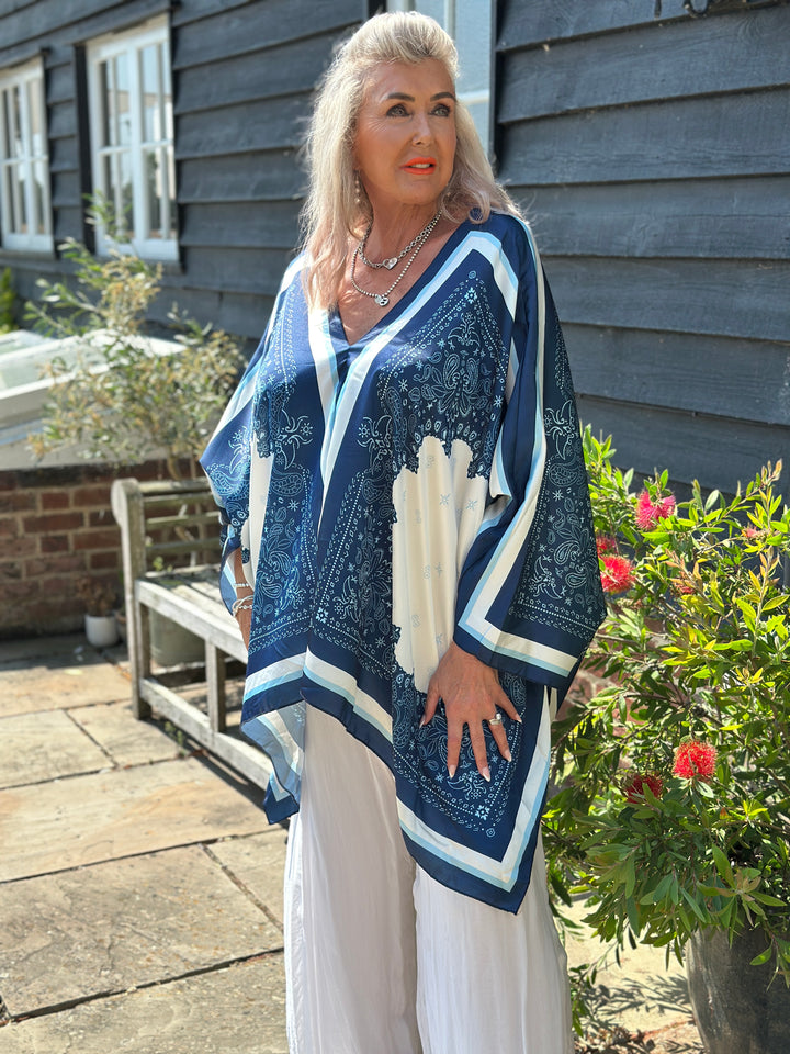 Paisley Kaftan Top | Navy & White