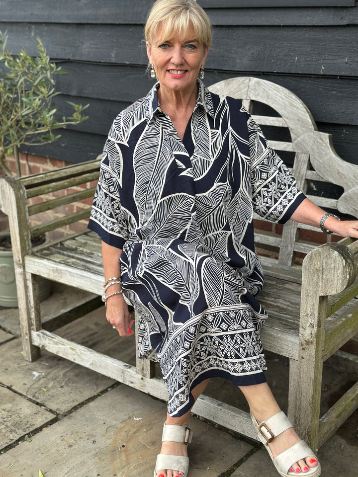 Palm Print Shirt Dress | Navy