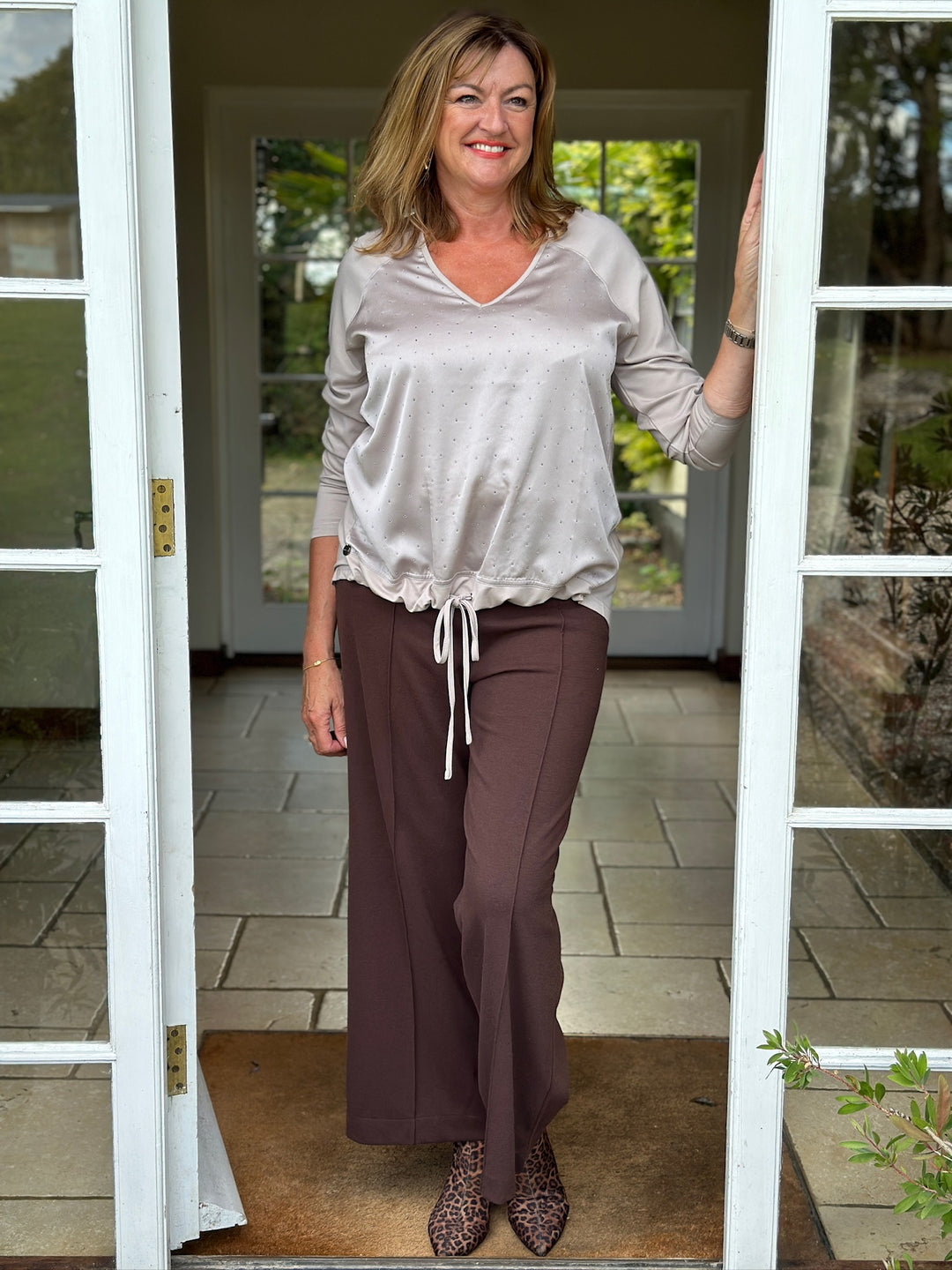 Studded Satin-Feel Front Top - Malissa J | Taupe