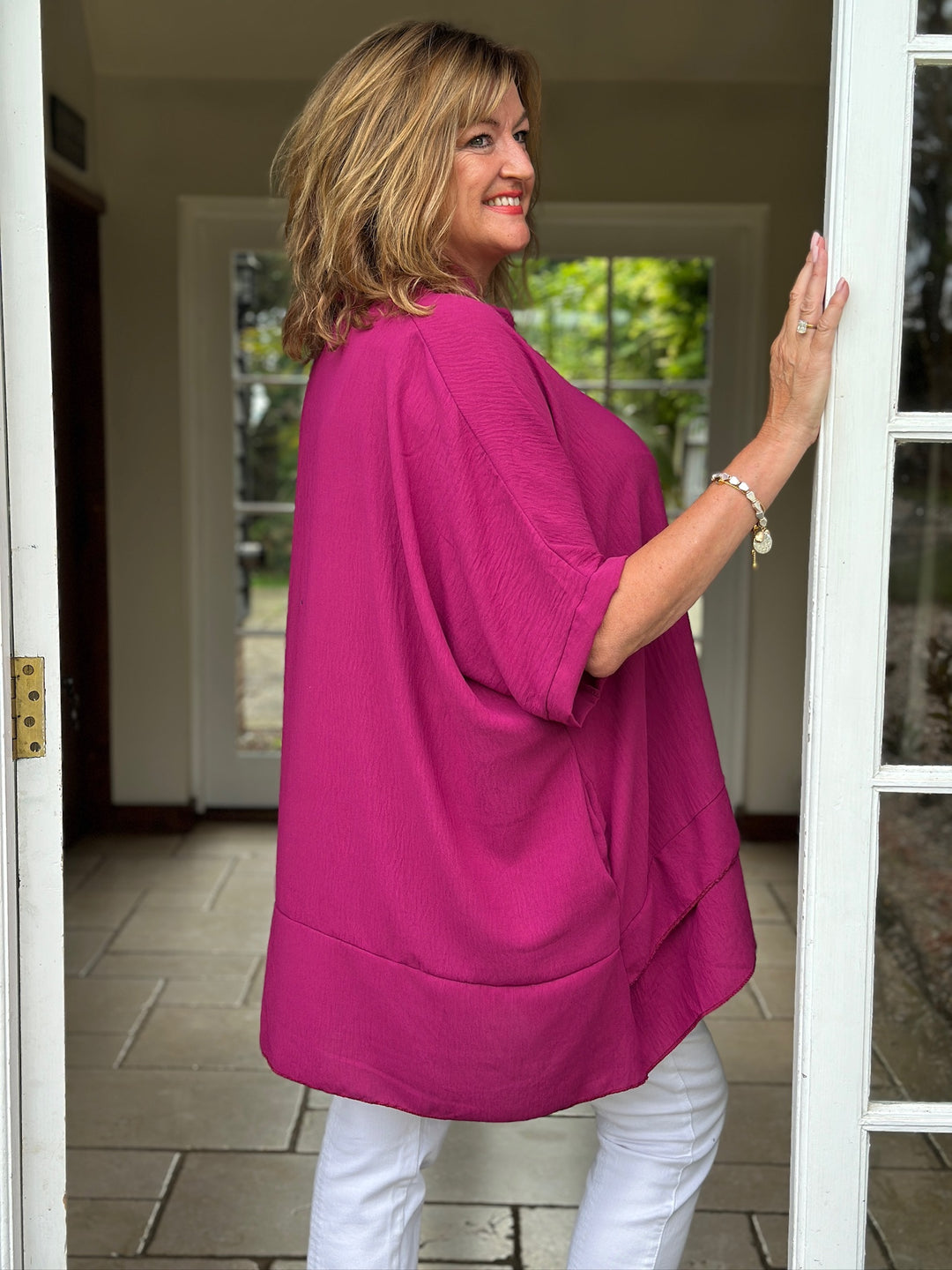 Double Hem V-Neck Batwing Blouse | Magenta