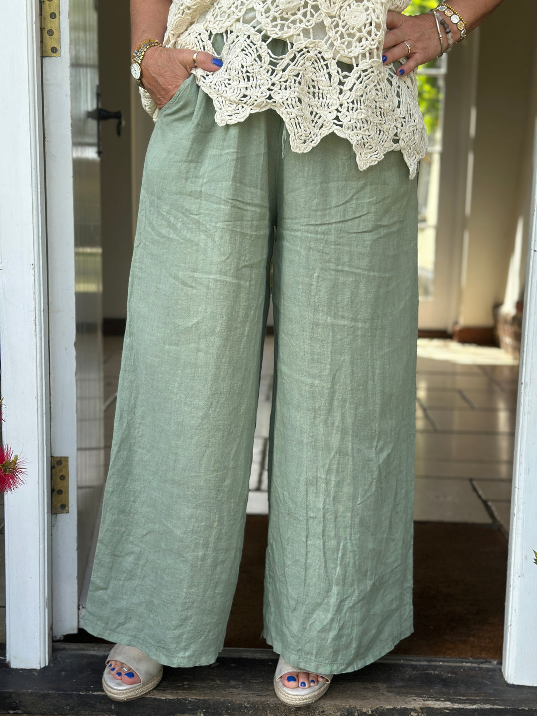 Wide Leg Linen Trouser | Khaki