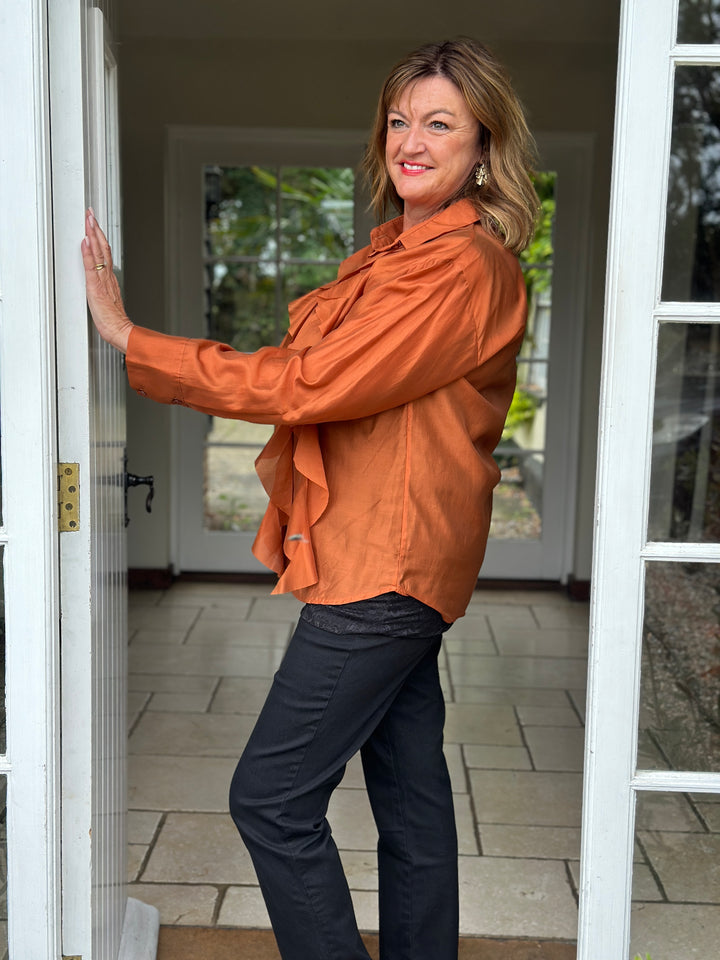 Ruffle Detail Sheer Button Blouse | Copper